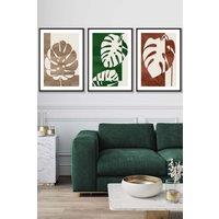ARTZE Set of 3 Black Framed Mid Century Monstera in Beige & Green Wall Art in Dark Green | Size: W33 cm x H45 cm x D20mm