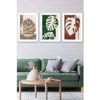 ARTZE Set of 3 White Framed Mid Century Monstera in Beige & Green Wall Art in Dark Green | Size: W45 cm x H62 cm x D20mm