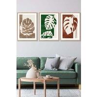 ARTZE Set of 3 Oak Framed Mid Century Monstera in Beige & Green Wall Art in Dark Green | Size: W45 cm x H62 cm x D20mm