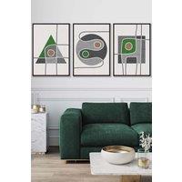 ARTZE Set of 3 Black Framed Mid Century Graphical Shapes in Grey & Green Wall Art | Size: W45 cm x H62 cm x D20mm