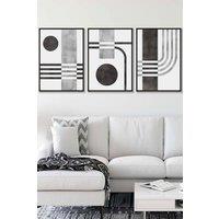 ARTZE Set of 3 Black Framed Mid Century Graphical Shapes in black & Grey Wall Art in Dark Grey | Size: W53 cm x H73 cm x D20mm