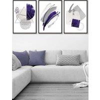 ARTZE Set of 3 Black Framed Abstract Purple Silver Watercolour Shapes Wall Art | Size: W53 cm x H73 cm x D20mm