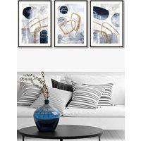 ARTZE Set of 3 Black Framed Abstract Navy Blue & Gold Watercolour Shapes Wall Art | Size: W45 cm x H62 cm x D20mm