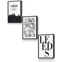 ARTZE LEEDS Skyline Street Map City Prints Framed Wall Art - Small in Black | Size: W33 cm x H45 cm x D20mm