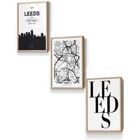 ARTZE LEEDS Skyline Street Map City Prints Framed Wall Art - Small in Light Oak | Size: W33 cm x H45 cm x D20mm