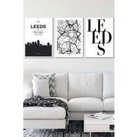 ARTZE LEEDS Skyline Street Map City Prints Framed Wall Art - Large in White | Size: W53 cm x H73 cm x D20mm