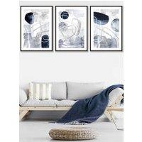 ARTZE Set of 3 Black Framed Abstract Navy Blue & Silver Watercolour Shapes Wall Art | Size: W45 cm x H62 cm x D20mm