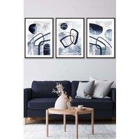 ARTZE Set of 3 Black Framed Abstract Navy Blue Watercolour Shapes Wall Art | Size: W33 cm x H45 cm x D20mm