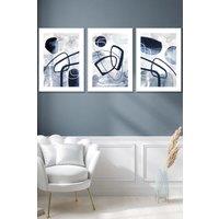 ARTZE Set of 3 White Framed Abstract Navy Blue Watercolour Shapes Wall Art | Size: W33 cm x H45 cm x D20mm