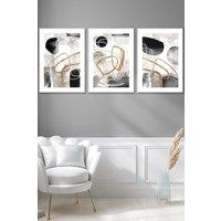 ARTZE Set of 3 White Framed Abstract Black Grey & Gold Watercolour Shapes Wall Art | Size: W33 cm x H45 cm x D20mm
