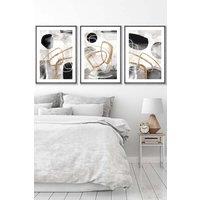 ARTZE Set of 3 Dark Grey Framed Abstract Black Grey & Gold Watercolour Shapes Wall Art | Size: W33 cm x H45 cm x D20mm