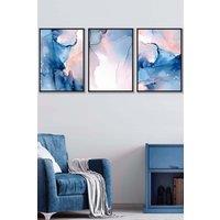 ARTZE Set of 3 Black Framed Blush Pink & Navy Blue Abstract Ink Wall Art | Size: W33 cm x H45 cm x D20mm