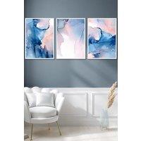 ARTZE Set of 3 White Framed Blush Pink & Navy Blue Abstract Ink Wall Art | Size: W33 cm x H45 cm x D20mm