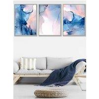ARTZE Set of 3 Light Grey Framed Blush Pink & Navy Blue Abstract Ink Wall Art | Size: W33 cm x H45 cm x D20mm