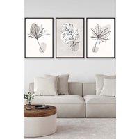 ARTZE Set of 3 Black Framed Grey & Beige Botanical Sketch Leaves Wall Art in Light Beige | Size: W45 cm x H62 cm x D20mm