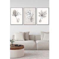 ARTZE Set of 3 Light Grey Framed Grey & Beige Botanical Sketch Leaves Wall Art in Light Beige | Size: W45 cm x H62 cm x D20mm