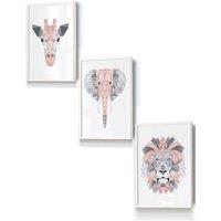 ARTZE Geometric Pink Grey Jungle Animal Heads Framed Wall Art - Small in White | Size: W33 cm x H45 cm x D20mm