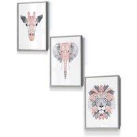 ARTZE Geometric Pink Grey Jungle Animal Heads Framed Wall Art - Small in Light Grey | Size: W33 cm x H45 cm x D20mm