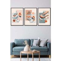 ARTZE Set of 3 Black Framed Boho Modern Abstract in Blue & Orange Wall Art in Pale Orange | Size: W53 cm x H73 cm x D20mm