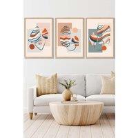 ARTZE Set of 3 Oak Framed Boho Modern Abstract in Blue & Orange Wall Art in Pale Orange | Size: W33 cm x H45 cm x D20mm