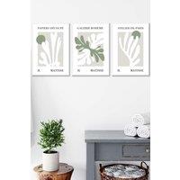 ARTZE Set of 3 White Framed Matisse Floral Cut Out Style in Green & Beige Wall Art in Light Green | Size: W33 cm x H45 cm x D20mm