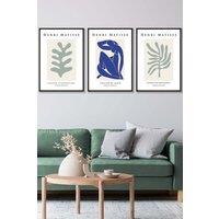 ARTZE Set of 3 Black Framed Matisse Botanical Shapes with Nude in Green & Blue Wall Art in Light Green | Size: W33 cm x H45 cm x D20mm