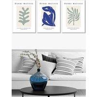 ARTZE Set of 3 White Framed Matisse Botanical Shapes with Nude in Green & Blue Wall Art in Light Green | Size: W33 cm x H45 cm x D20mm
