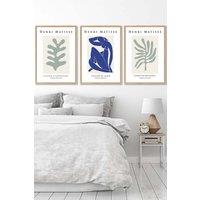 ARTZE Set of 3 Oak Framed Matisse Botanical Shapes with Nude in Green & Blue Wall Art in Light Green | Size: W33 cm x H45 cm x D20mm