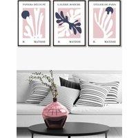 ARTZE Set of 3 Black Framed Matisse Floral Cut Out Style in Blue & Pink Wall Art in Dusty Pink | Size: W45 cm x H62 cm x D20mm