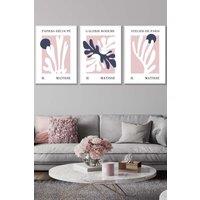 ARTZE Set of 3 White Framed Matisse Floral Cut Out Style in Blue & Pink Wall Art in Dusty Pink | Size: W45 cm x H62 cm x D20mm