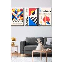 ARTZE Set of 3 Black Framed Mid Century Bauhaus Exhibition Red Blue Yellow Wall Art | Size: W45 cm x H62 cm x D20mm