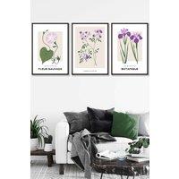 ARTZE Set of 3 Black Framed Vintage Graphical Flower Market Purple Lilac Wall Art | Size: W45 cm x H62 cm x D20mm