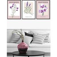 ARTZE Set of 3 Black Framed Vintage Graphical Lilac Purple Spring Flower Market Wall Art | Size: W33 cm x H45 cm x D20mm
