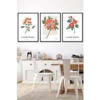 ARTZE Set of 3 Black Framed Vintage Graphical Orange Flower Market Wall Art | Size: W33 cm x H45 cm x D20mm