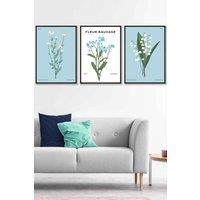 ARTZE Set of 3 Black Framed Vintage Graphical Blue Spring Wild Flower Market Wall Art in Bright Blue | Size: W33 cm x H45 cm x D20mm