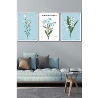 ARTZE Set of 3 White Framed Vintage Graphical Blue Spring Wild Flower Market Wall Art in Bright Blue | Size: W33 cm x H45 cm x D20mm