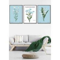 ARTZE Set of 3 Dark Grey Framed Vintage Graphical Blue Spring Wild Flower Market Wall Art in Bright Blue | Size: W33 cm x H45 cm x D20mm