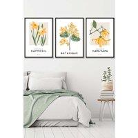 ARTZE Set of 3 Black Framed Vintage Graphical Yellow Spring Flower Market Wall Art in Bright Yellow | Size: W33 cm x H45 cm x D20mm