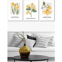 ARTZE Set of 3 White Framed Vintage Graphical Yellow Spring Flower Market Wall Art in Bright Yellow | Size: W33 cm x H45 cm x D20mm