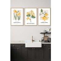 ARTZE Set of 3 Oak Framed Vintage Graphical Yellow Spring Flower Market Wall Art in Bright Yellow | Size: W33 cm x H45 cm x D20mm