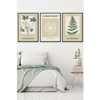 ARTZE Set of 3 Black Framed Vintage Graphical Green Botanical Wall Art in Light Green | Size: W53 cm x H73 cm x D20mm