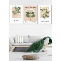 ARTZE Set of 3 White Framed Vintage Graphical Yellow Wild Flower Market Wall Art in Bright Yellow | Size: W53 cm x H73 cm x D20mm