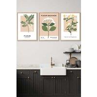 ARTZE Set of 3 Oak Framed Vintage Graphical Yellow Wild Flower Market Wall Art in Bright Yellow | Size: W53 cm x H73 cm x D20mm