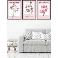 ARTZE Set of 3 Black Framed Vintage Graphical Pink Hollyhock Flower Market Wall Art in Dusty Pink | Size: W33 cm x H45 cm x D20mm