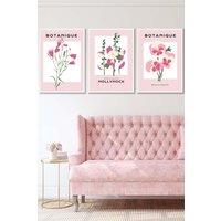 ARTZE Set of 3 White Framed Vintage Graphical Pink Hollyhock Flower Market Wall Art in Dusty Pink | Size: W45 cm x H62 cm x D20mm