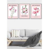 ARTZE Set of 3 Light Grey Framed Vintage Graphical Pink Hollyhock Flower Market Wall Art in Dusty Pink | Size: W45 cm x H62 cm x D20mm