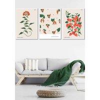 ARTZE Set of 3 White Framed Vintage Graphical Orange Flower Market Wall Art | Size: W45 cm x H62 cm x D20mm