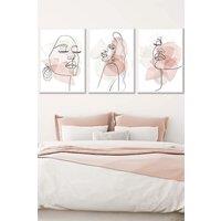 ARTZE Set of 3 White Framed One Line Abstract Fashion Faces in Pink & Ivory Wall Art in Light Pink | Size: W45 cm x H62 cm x D20mm