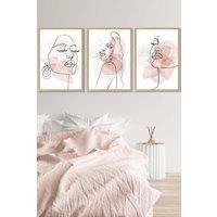 ARTZE Set of 3 Oak Framed One Line Abstract Fashion Faces in Pink & Ivory Wall Art in Light Pink | Size: W45 cm x H62 cm x D20mm