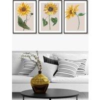 ARTZE Set of 3 Black Framed Vintage Sunflowers on Beige Wall Art in Bright Yellow | Size: W45 cm x H62 cm x D20mm